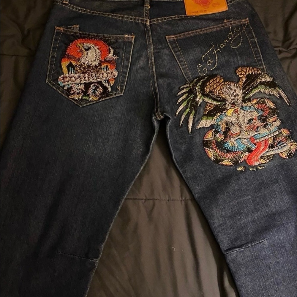 Ed Hardy Men's Dark Blue Jeans with Vibrant Embroidery